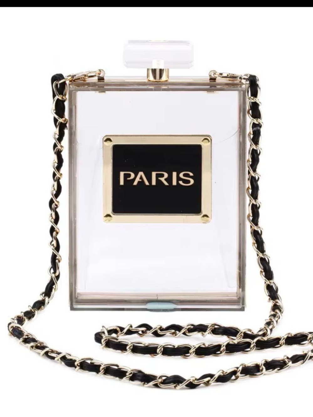 Paris Perfume Bottle Novelty Crossbody Bag Gold Chain - Picture 3 of 6